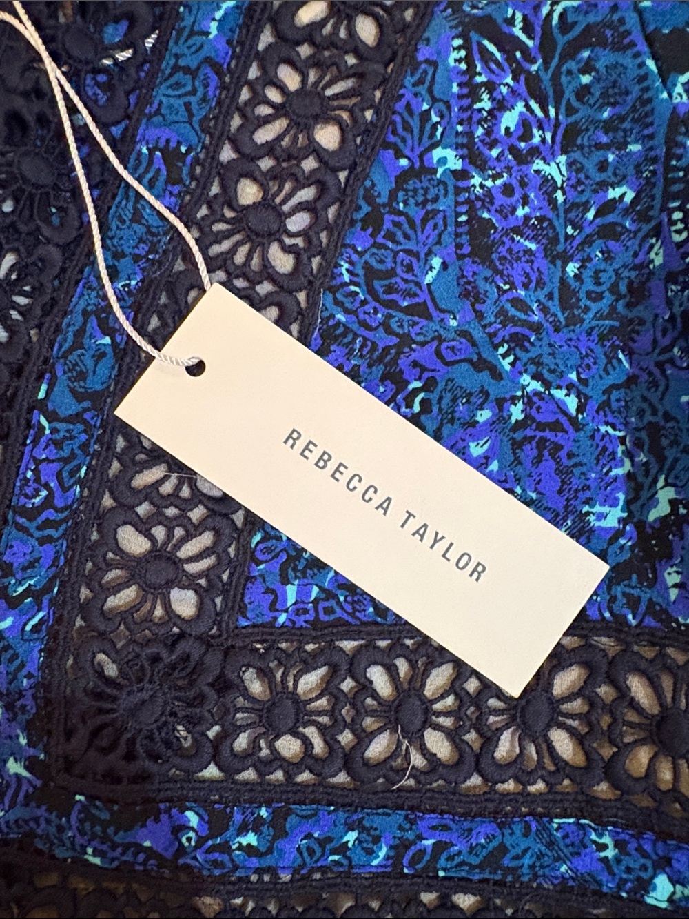 NWT Rebecca Taylor Blue Floral Printed Black Crochet Lace-Pom PomTrim 100% Silk - Picture 2 of 13